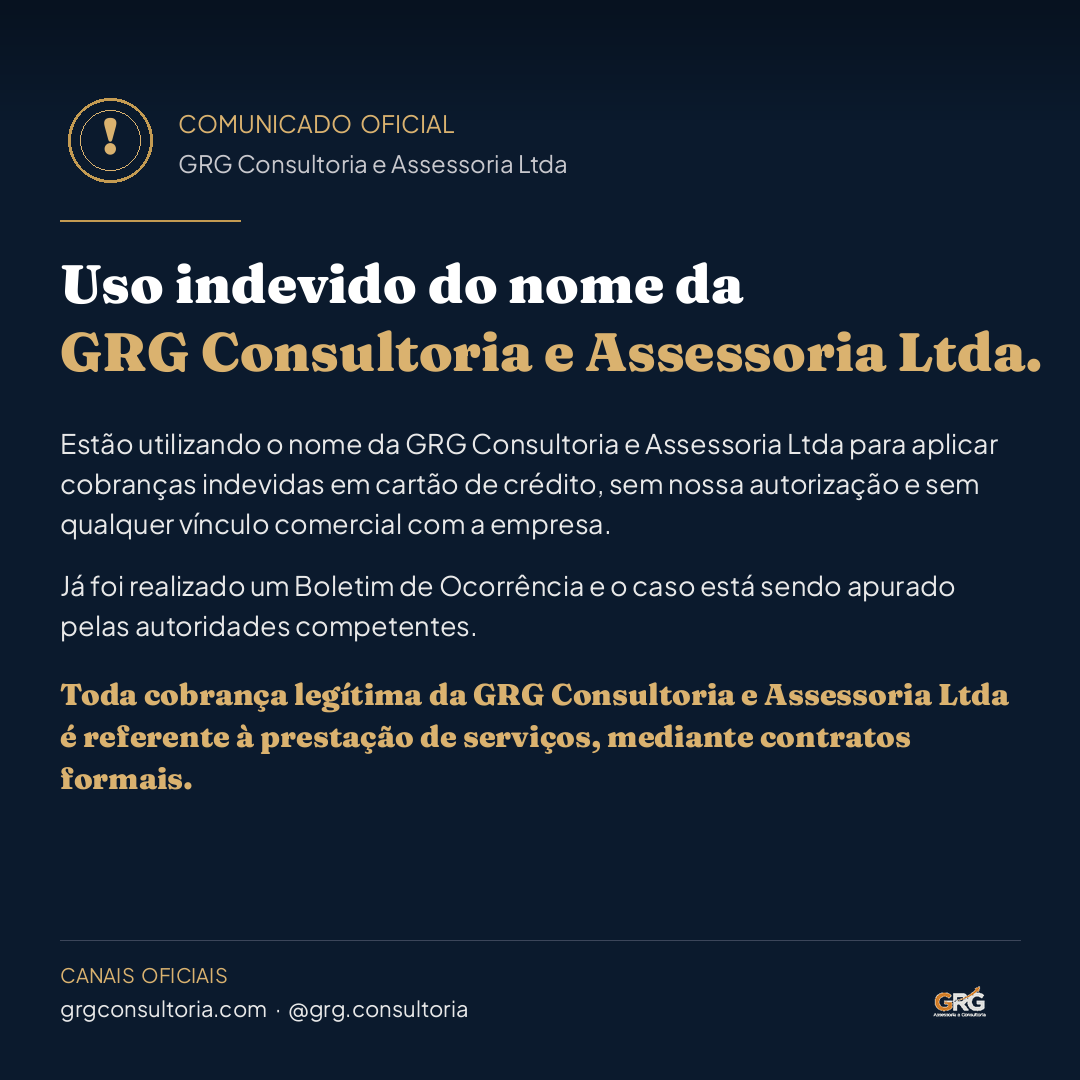 Card oficial · Comunicado sobre uso indevido do nome GRG Consultoria e Assessoria Ltda